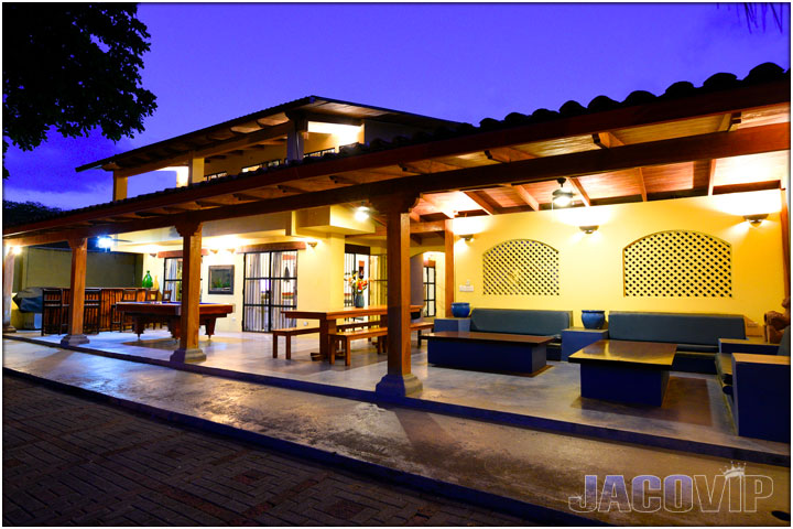 Front view of Casa Cortes at dusk