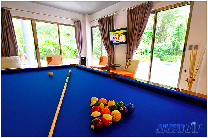 Close up of pool table and balls