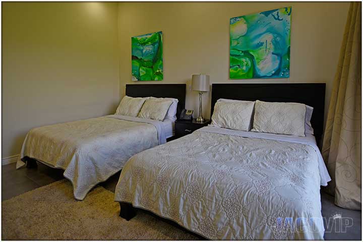 Beds with white duvet covers and green artwork