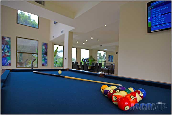 Close up of pool table and pool balls at villa