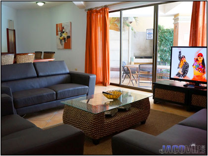 living room with large TV