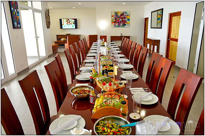 prepared food and tableware on dining tables