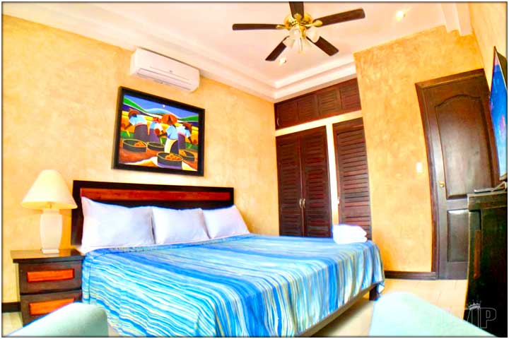 Bedroom with queen bed and tv.