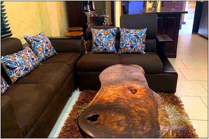Living room with brown leather sofas