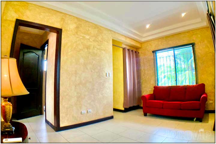 Living room with one red sofa