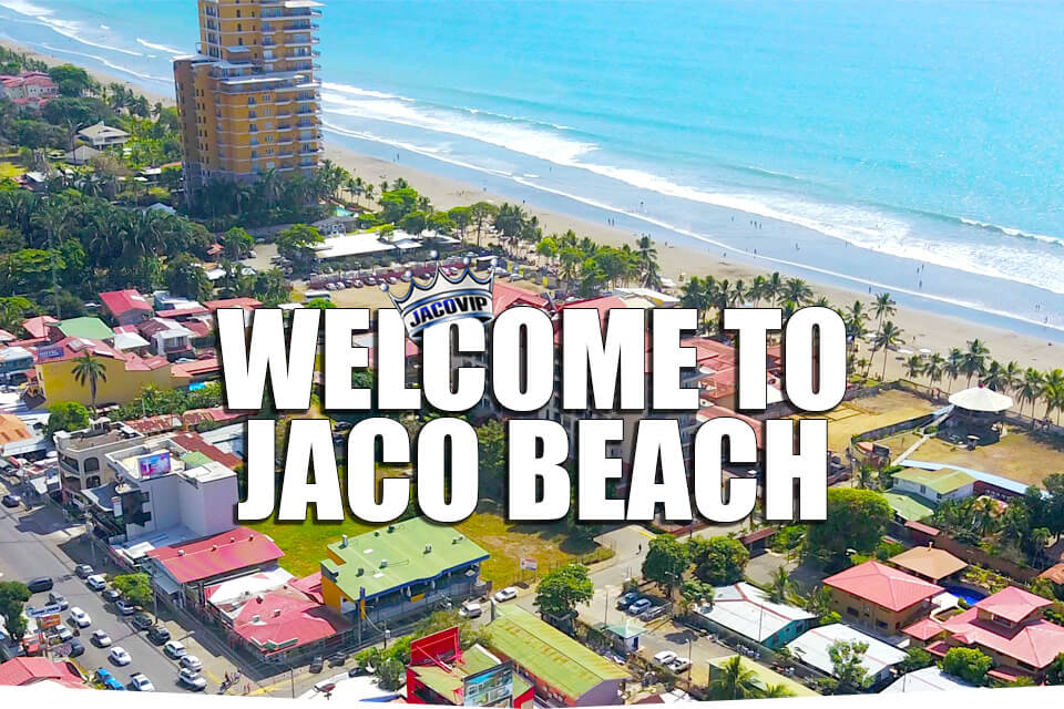 Drone view of Jaco Beach and town center in Costa Rica