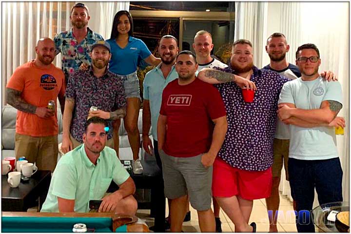 Costa Rica bachelor party group with beers and coffee cups