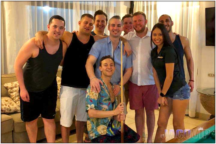 Concierge with guys about to play pool