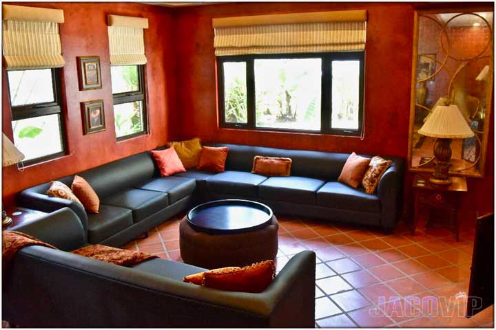 Living room with black leather sofas and red accent pillows