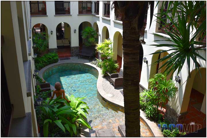 View of swimming pool from second floor