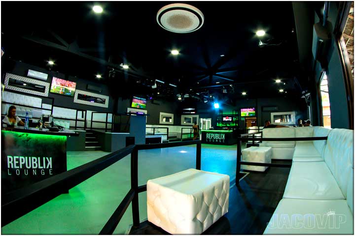 Interior view of Republik Lounge with lights on