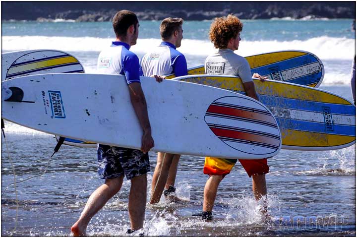 Guys with surf boards walking into ocean