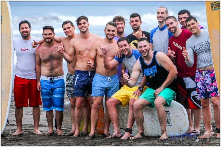 Bachelor party group taking surf lessons in Costa Rica