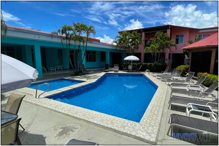 Side view of pool and building