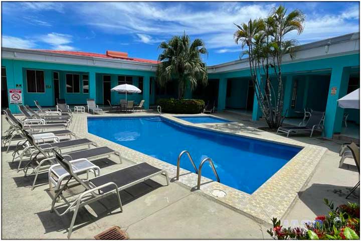 Sunny day with blue skies and swimming pool