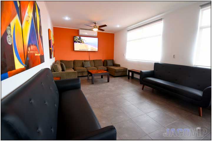 corner of dining table and living room area