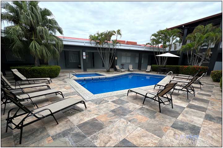 Side view of pool and building