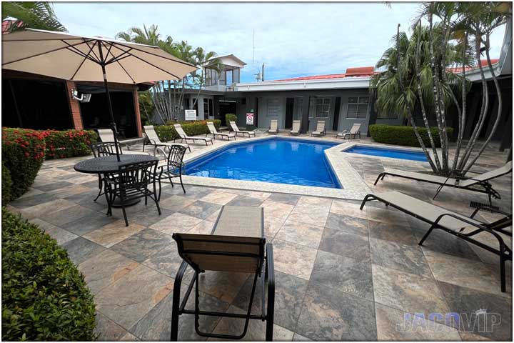 Side view of pool and building