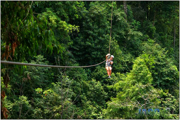 Girl at a distance on a zipline